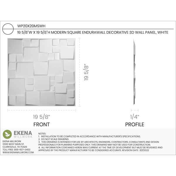 Modern Square EnduraWall Decorative 3D Wall Panel, White, 19 5/8W X 19 5/8H